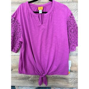 Ruby Rd. Crochet-Sleeve Tie-Front Top in Magenta